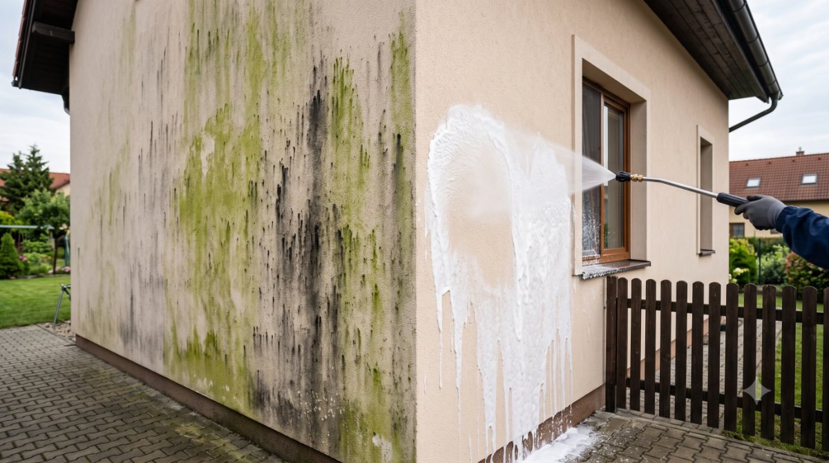 Fasáda se zelenými řasami během šetrného nízkotlakého mytí