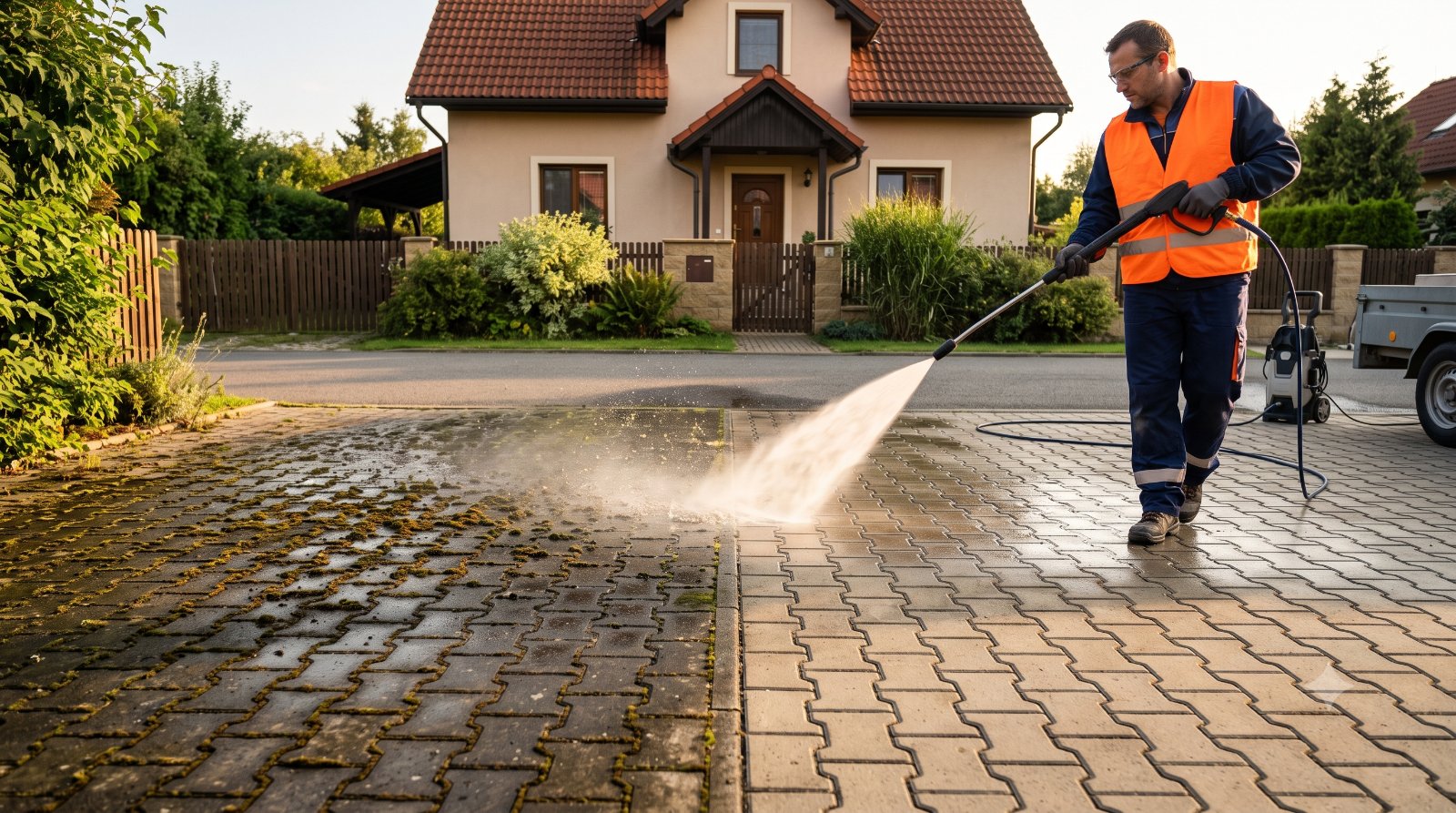 Tlakové čištění zámkové dlažby — polovina čistá, polovina špinavá